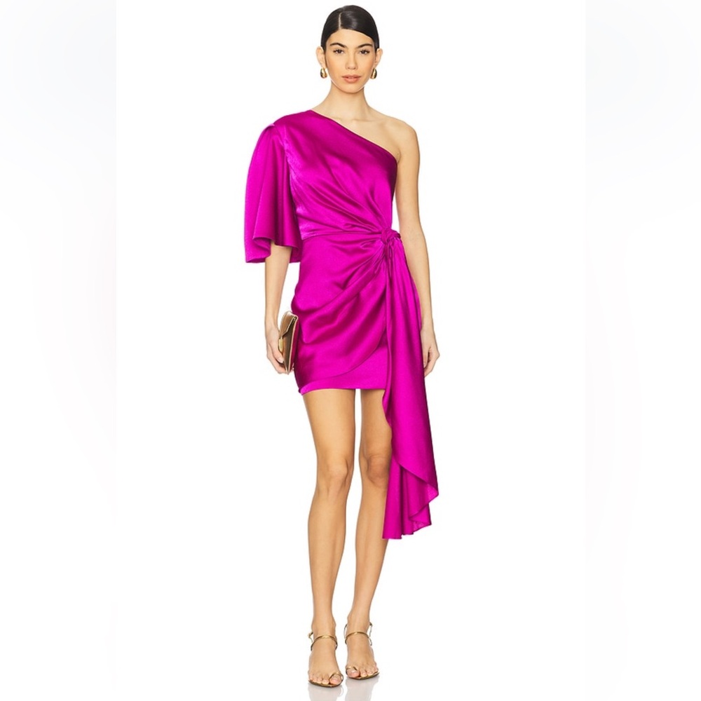 Solace London Marcie One Shoulder Draped Knot Mini Dress in Fuchsia Pink Sz 2